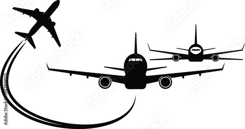 Airplane silhouette set, commercial passenger aircraft flying with contrail curve, aviation travel transport symbol isolated black flat vector illustration
