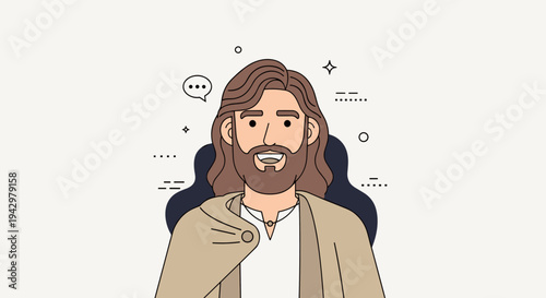 A smiling man with long hair and a robe, illustrated in a modern flat style, suitable for various contexts