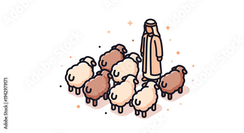 An illustration of a shepherd with a flock of sheep in a minimalist, modern style, suitable for agricultural themes