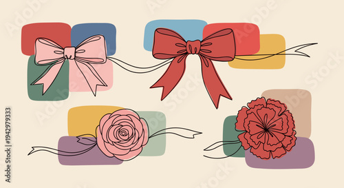 A collection of decorative bows and flowers illustrated in a minimalist style with soft colors, perfect for creative projects