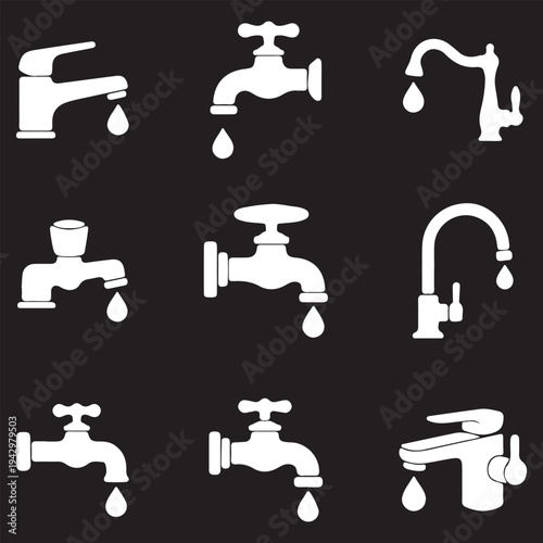 Bathroom and kitchen fixture vector style icons. Set of white water faucet silhouettes for plumbing design.