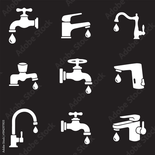 Water faucet and tap icon set. Silhouette collection of dripping water fixtures on black background.