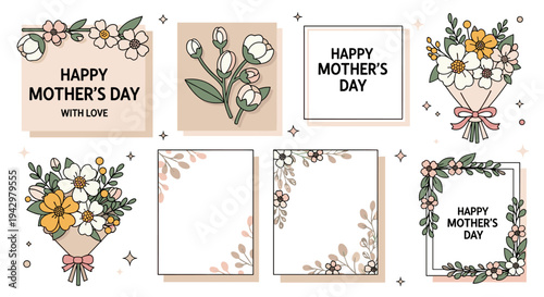 A charming collection of Mother's Day themed illustrations featuring floral designs and decorative elements in a modern style