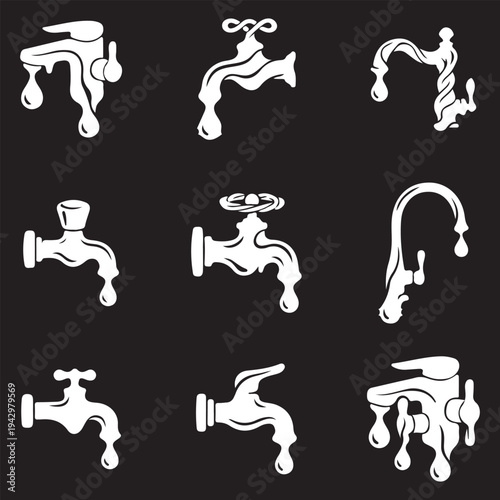 Abstract fluid water faucet icon set. Stylized melting plumbing tap silhouettes with drops on black background.