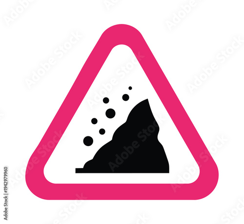 Pink bordered warning sign with black falling rocks icon on a white background, indicating a rockslide or landslide hazard for travelers.