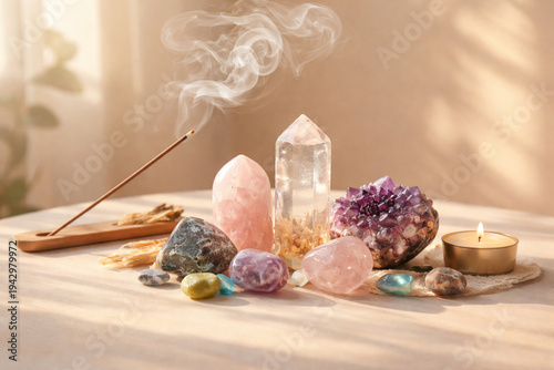 Spiritual practices involving natural stones and minerals, such as rock crystal, rose quartz, amethyst, as well as burning incense.
