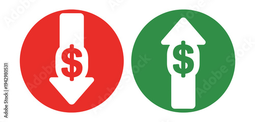 Profit and loss icon, financial trend vector illustration with red down arrow and green up arrow, dollar currency growth and decline symbol for market analysis