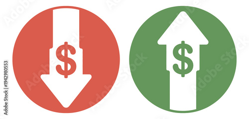 Profit and loss icon, financial trend vector illustration with red down arrow and green up arrow, dollar currency growth and decline symbol for market analysis