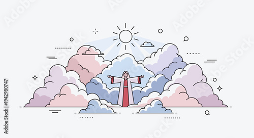 A serene illustration of a lighthouse surrounded by fluffy clouds and a bright sun, featuring a modern, colorful style