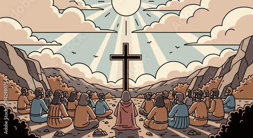 A group of people gathered around a cross, illustrated in a modern, flat style, suitable for religious themes