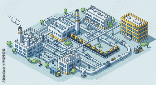 Industrial Factory Complex with Pipelines.