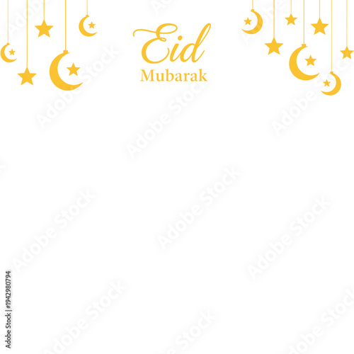 Eid Mubarak Celebration: Golden crescent moons and stars adorn the scene, with the elegant inscription Eid Mubarak gracing the design.