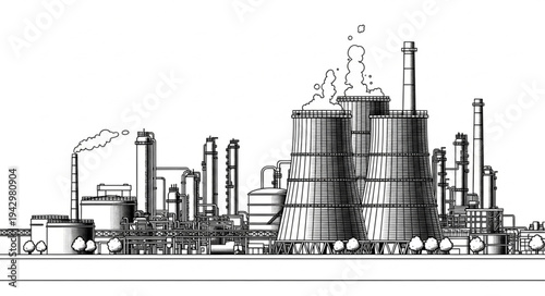 Industrial Factory Complex with Smokestacks.