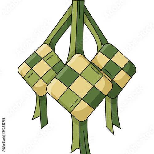 Ketupat decoration: Traditional diamond-shaped rice cakes wrapped in palm leaves, often seen during festive celebrations, hang as a decorative element.