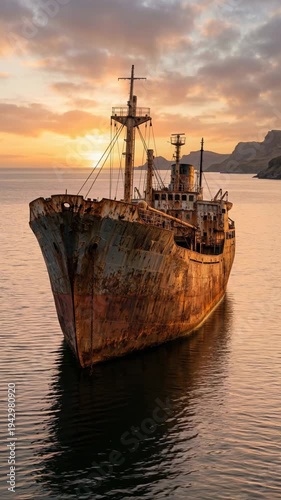 Rusty Shipwreck in Calm Blue Water During Sunset with Orange Skies and Rocky Hills in Background