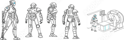 Robot Character Design Sheets and Medical AI Assistant Illustration Set