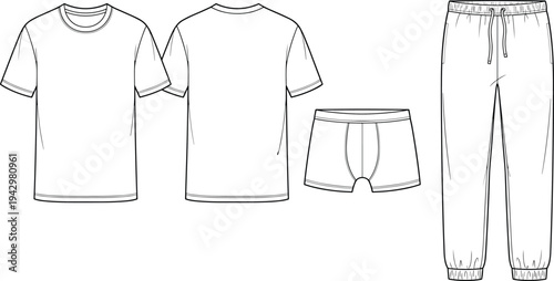 Menswear Casualwear Technical Fashion Illustration Vector Featuring T-Shirt, Boxer Briefs, Jogger Sweatpants, Apparel Construction Symbol, and Marketplace Success for Creative Projects