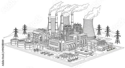 Industrial Factory Complex with Smokestacks.