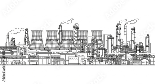 Industrial Factory Complex with Smokestacks.
