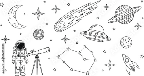 Astronaut with telescope, rocket, UFO, planets, stars, constellation, comet, crescent moon, outer space exploration, astronomy science, flat vector illustration