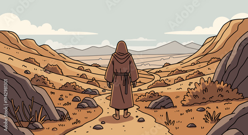 A serene landscape featuring a cloaked figure walking through rocky terrain, illustrated in a minimalist style