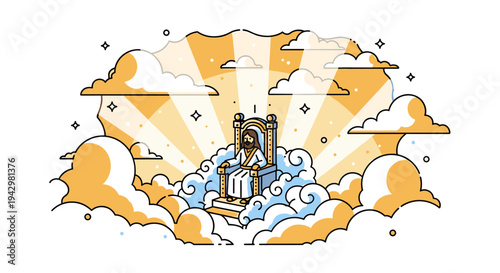 A whimsical illustration of a figure on a throne amidst clouds and rays of sunlight in a modern, flat style