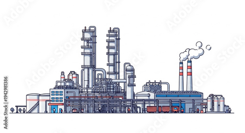 Industrial Factory Complex with Smokestacks.