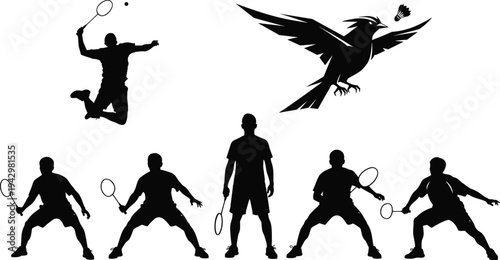 badminton player silhouettes set, jumping smash action poses, shuttlecock sport collection, athlete movement illustration, dynamic badminton game vector design