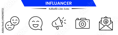 Influencer icons depicting social media creators, followers, engagement, branding, promotion, livestreams, content creation, audience growth, networking, trends, visibility, marketing, and online infl