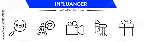 Influencer icons depicting social media creators, followers, engagement, branding, promotion, livestreams, content creation, audience growth, networking, trends, visibility, marketing, and online infl
