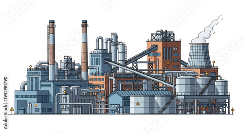 Industrial Factory Complex with Smokestacks.