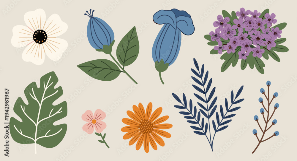 Fototapeta premium A vibrant collection of various floral elements and leaves in a modern, flat design style for creative projects