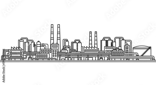 Industrial Factory Complex with Smokestacks.