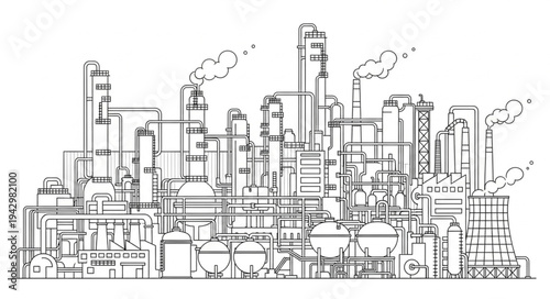 Industrial Factory Complex with Smokestacks.