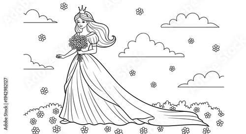 Beautiful princess line art illustration, fairy tale queen with crown holding flowers in garden fantasy coloring page flat vector illustration