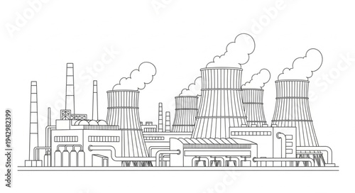 Industrial Factory Complex with Smokestacks.