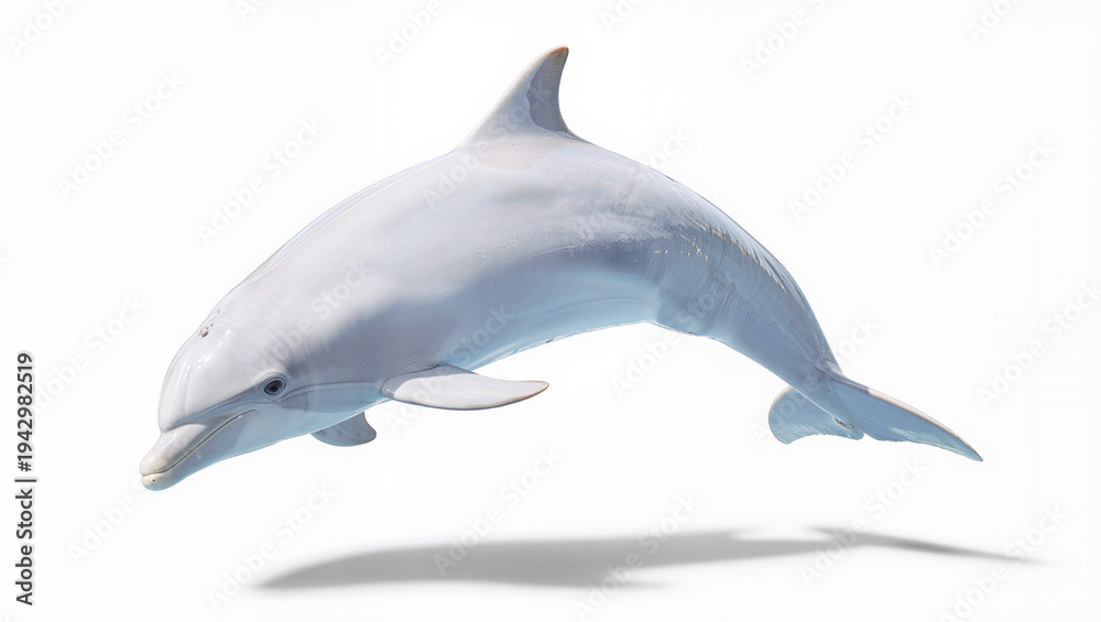Fototapeta premium Graceful Dolphin Arching Mid-Air on White Background