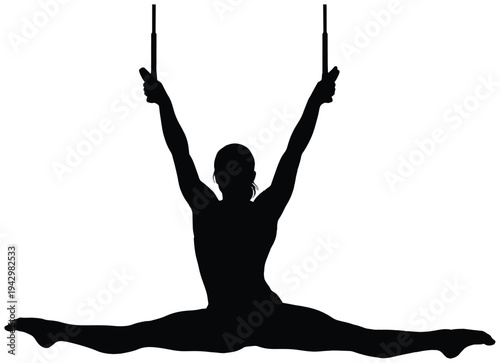 Black silhouette of a gymnast suspended on rings in a perfect full split, conveying strength, control, flexibility, and disciplined athleticism against a clean white background.