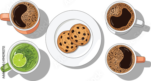 Top View Coffee and Tea Cup Set with Chocolate Chip Cookies Plate, Breakfast Beverage Collection for Cafe Menu, Food Illustration and Kitchen Design