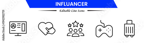 Influencer icons depicting social media creators, followers, engagement, branding, promotion, livestreams, content creation, audience growth, networking, trends, visibility, marketing, and online infl