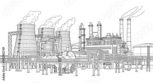 Industrial Factory Complex with Smokestacks.