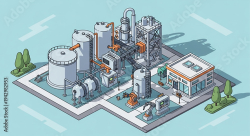 Industrial Factory Complex with Storage Tanks.