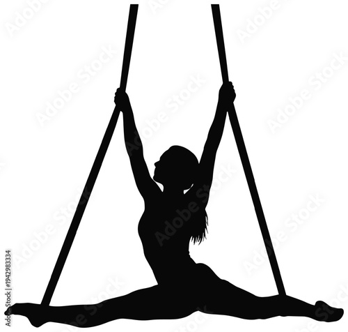 Silhouette of aerialist performing a wide split on a suspended rope, showing strength and flexibility.
