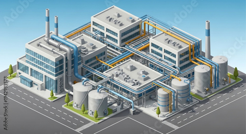 Industrial Factory Complex with Storage Tanks.