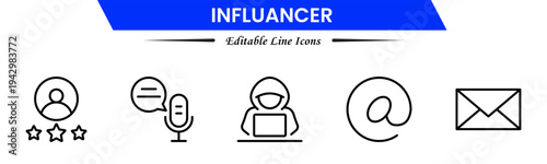 Influencer icons depicting social media creators, followers, engagement, branding, promotion, livestreams, content creation, audience growth, networking, trends, visibility, marketing, and online infl