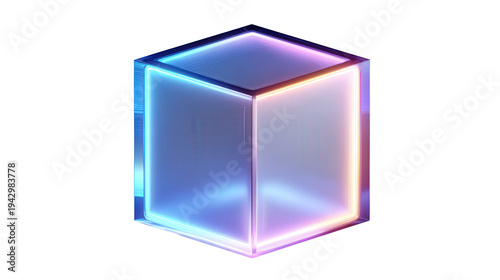 Wallpaper Mural Futuristic floating cube with neon edges isolated on white background Torontodigital.ca