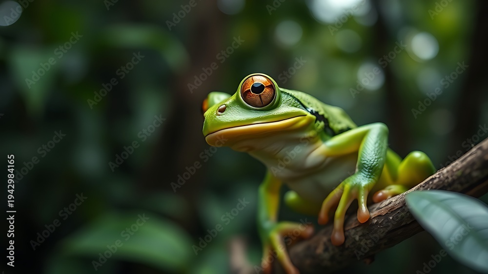 Naklejka premium Close-up portrait of a vibrant green tree frog in its lush rainforest habitat.