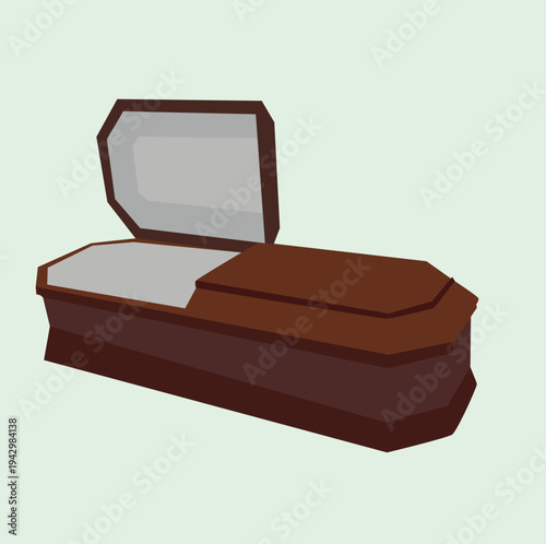 Yellow wooden coffin with open lid. Halloween burial box for burial of dead in cemetery according to religious custom and creepy bedroom for vector vampires
