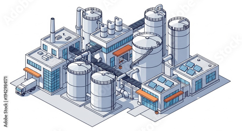 Industrial Factory Complex with Tanks.