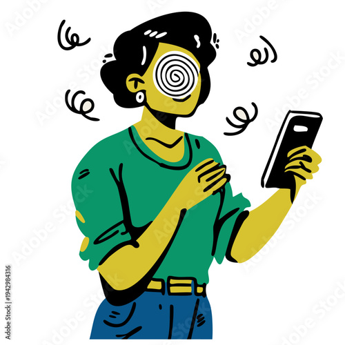 Female brain rot, spinning swirly eyes fixated screen time looking at phone, social media gen z millenial internet meme icon, endless mindless scrolling addiction illustration drawing, hand drawn